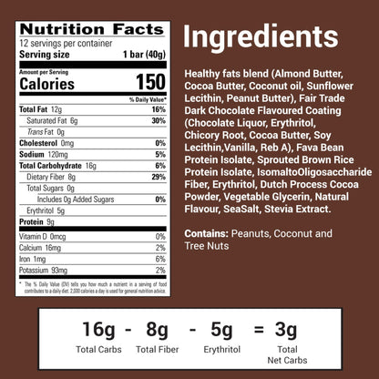 No Sugar Keto Bar Snack, Fudge Brownie, 12 x 1.41oz Bars - Low Carb No Sugar Keto Snack Food with Keto Friendly Macros, 3g Net Carb, 9g Plant Based Protein, 13g Healthy Fat, Sugar Free (0g)