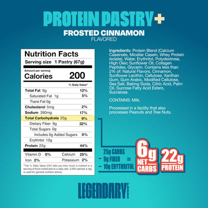 Legendary Foods 22g Protein Pastry+ Premium Low Carb Meal Replacement Bar - Low Glycemic, Gluten Free Protien Snacks - Healthy Keto Snack Box, 8x Zero Sugar Energy Bars - Bariatric Diabetic Friendly