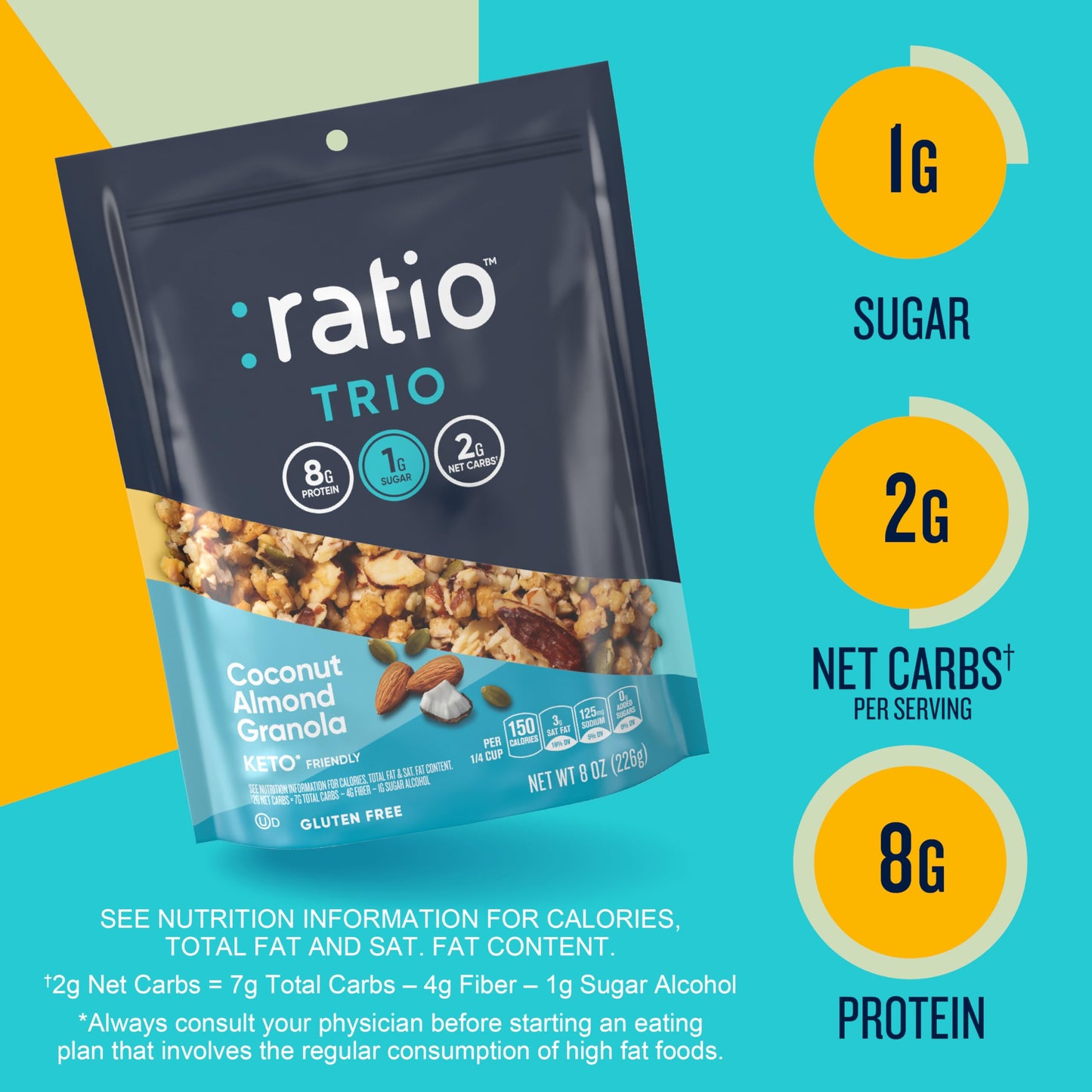 Ratio Trio Coconut Almond Granola Cereal, 1g Sugar, Keto Friendly, 8 oz Resealable Cereal Bag