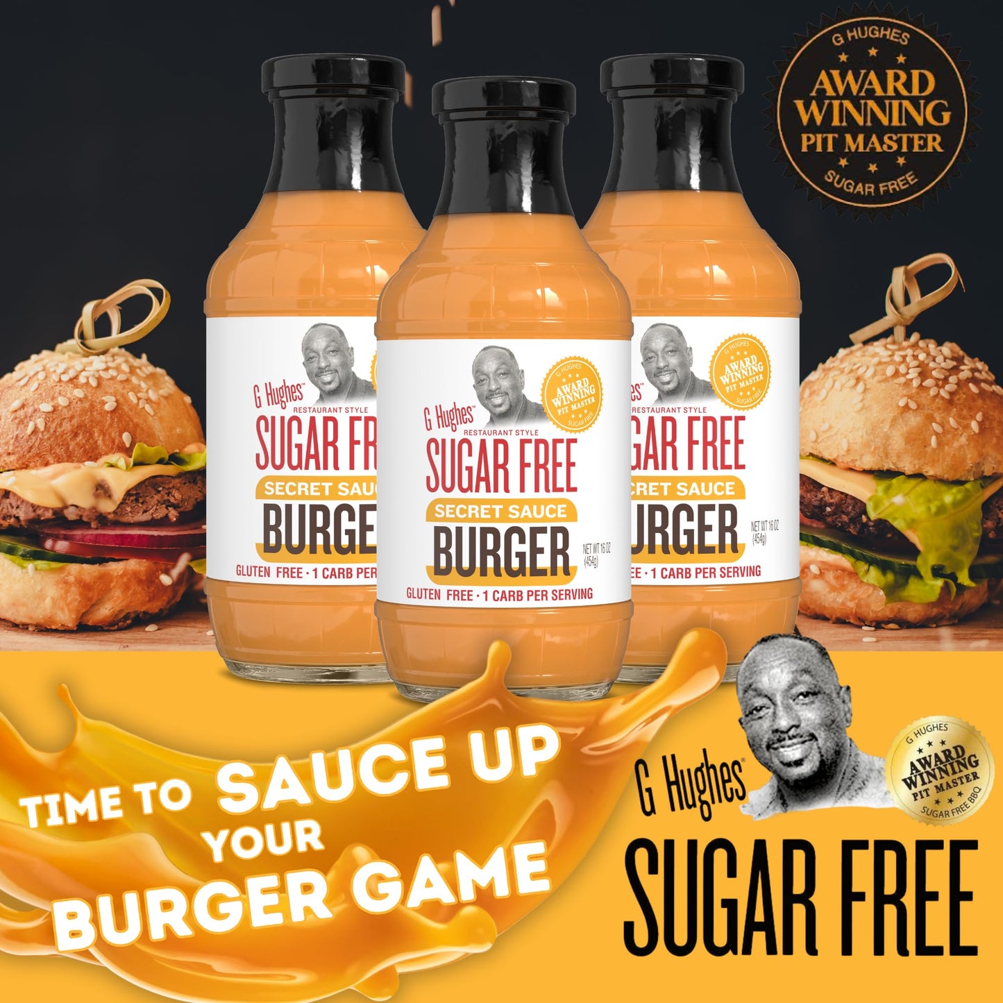 G Hughes Sugar Free Burger Secret Sauce - Sugar Free Burger Sauce, Special Sauce for Burgers, Gluten Free Hamburger Sauce, Sugar Free Dipping Sauces - 16 Oz (3-Pack)
