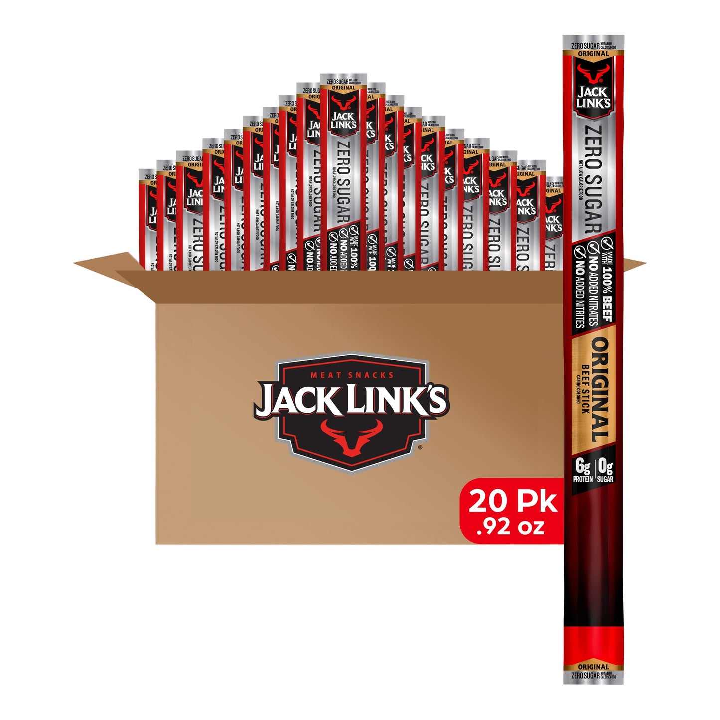 Jack Link's Beef Sticks, Original Zero Sugar – Protein Snack, Meat Stick with 6g of Protein, Meat Snack Sticks Made with 100% Beef, Keto & Paleo Diet Ready, Individually Wrapped – 0.92 Oz. (20 Count)