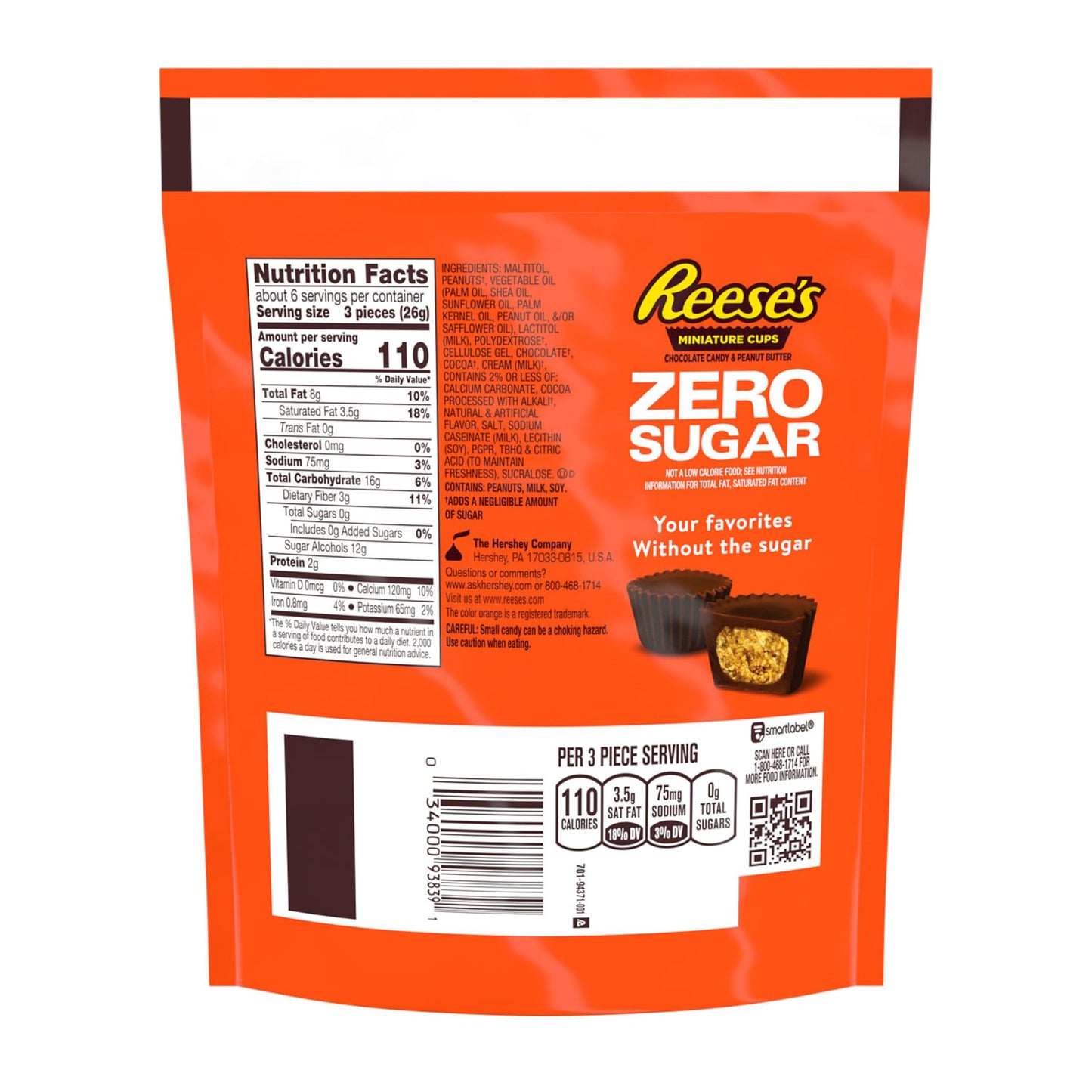REESE'S Zero Sugar Miniatures Chocolate Peanut Butter Cups, Candy Bag, 5.1 oz