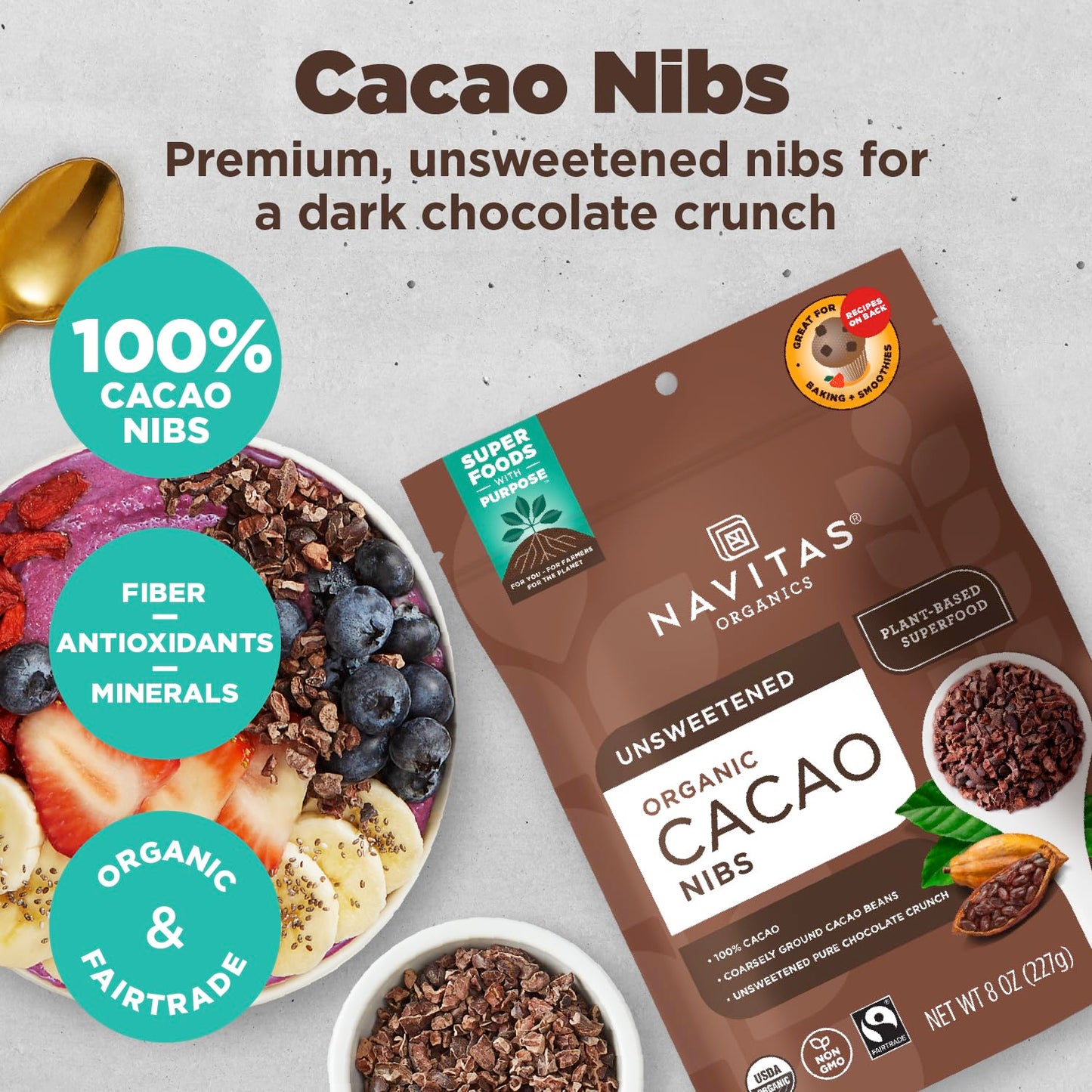 Navitas Organics Cacao Nibs, 8 oz. Bag, 76 Servings — Organic, Non-GMO, Fair Trade, Gluten-Free