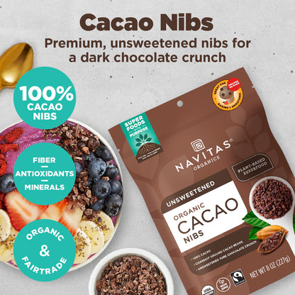 Navitas Organics Cacao Nibs, 8 oz. Bag, 76 Servings — Organic, Non-GMO, Fair Trade, Gluten-Free