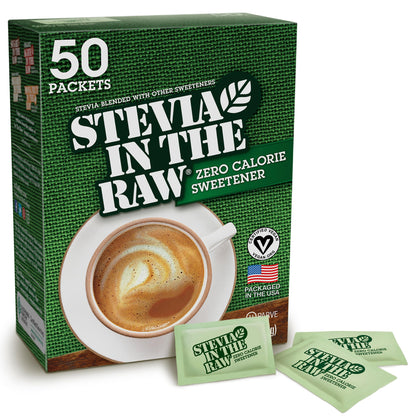 Stevia In The Raw, Plant Based Zero Calorie Sweetener, Sugar Substitute, Sugar-Free Sweetener For Coffee, Hot & Cold Drinks, Suitable For Diabetics, Vegan, Gluten-Free, 50 Count Packets (Pack of 1)