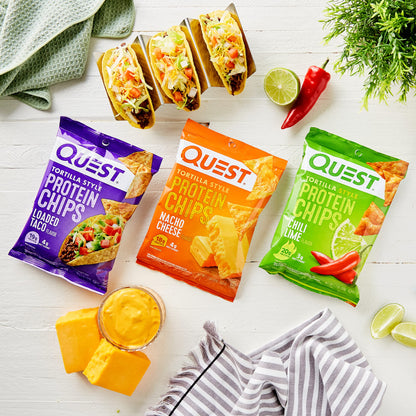 Quest Nutrition Tortilla Style Protein Chips Variety Pack, Chili Lime, Nacho Cheese, Loaded Taco, Low Carb, High Protein, Gluten Free, 1.1 oz (Pack of 12)