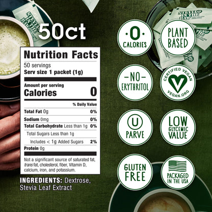 Stevia In The Raw, Plant Based Zero Calorie Sweetener, Sugar Substitute, Sugar-Free Sweetener For Coffee, Hot & Cold Drinks, Suitable For Diabetics, Vegan, Gluten-Free, 50 Count Packets (Pack of 1)